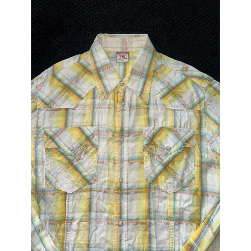 True Religion Men's Shirt Green Plaid Western Pearl Snap‎ Size 2XL
